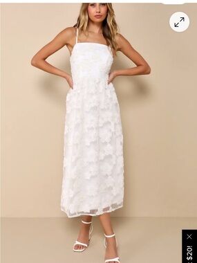 White Floral Appliqué Spaghetti Strap Midi Dress
